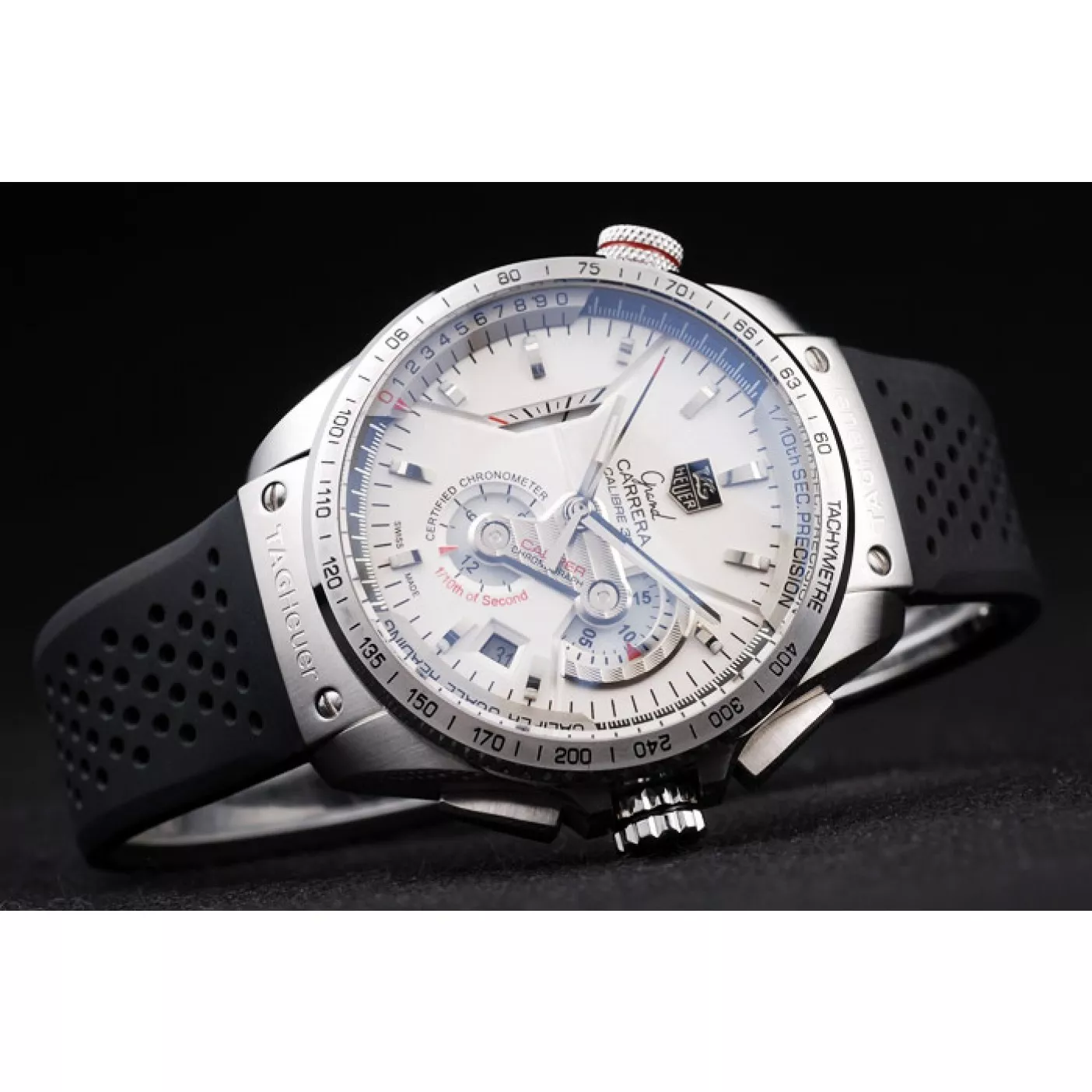 Aaa replica Tag Heuer Swiss Carrera Tachymeter Bezel Perforated Black Rubber Strap White Dial 0203