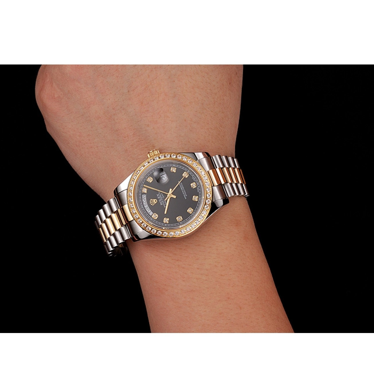 Aaa replica watch Tone 1453975 Two Dial Bracelet Gold Swiss Steel Stainless Rolex Black Diamond Day-Date Case 0218