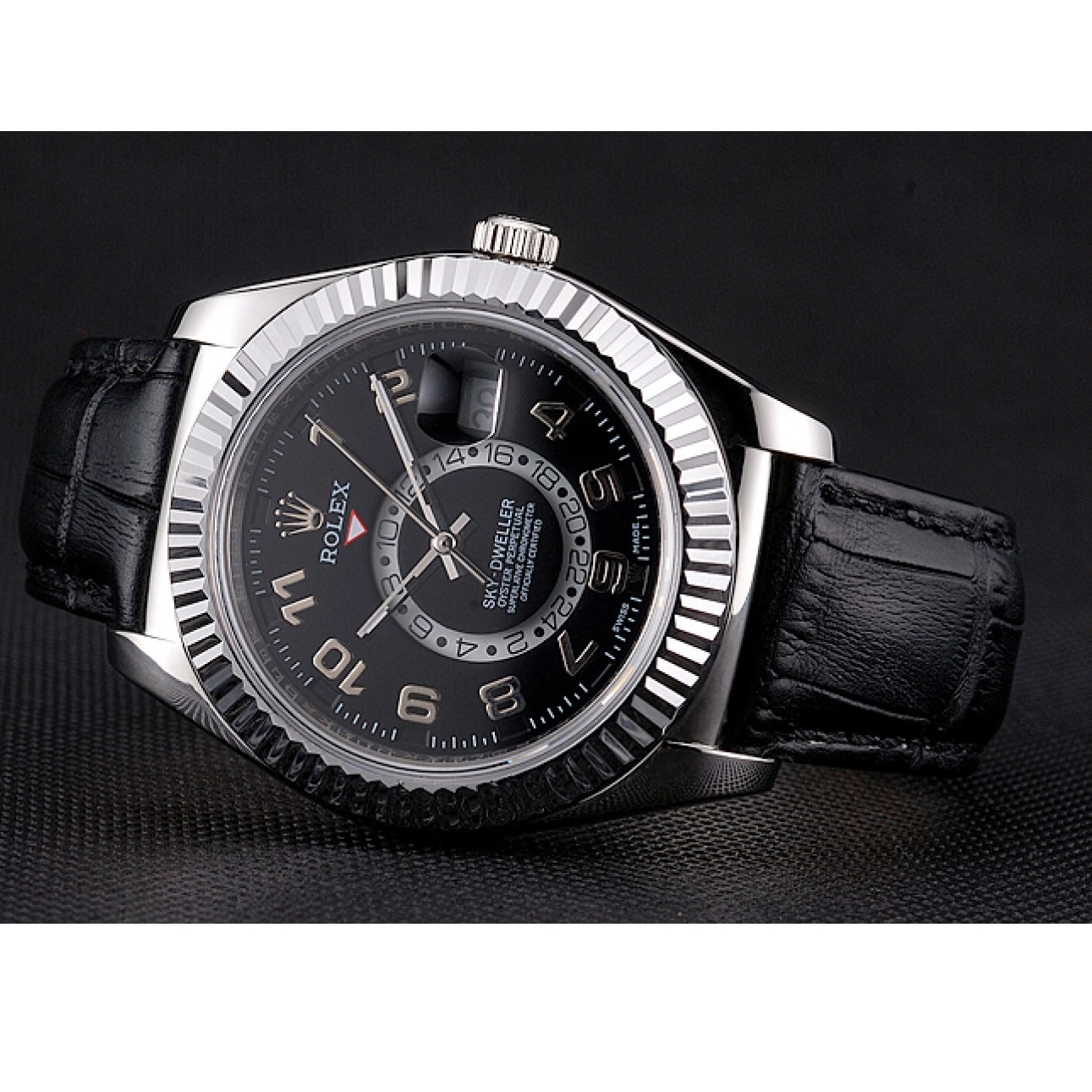 Aaa replica watch Black Stainless Black Leather Dweller Steel Dial Strap Rolex Sky Case 0213