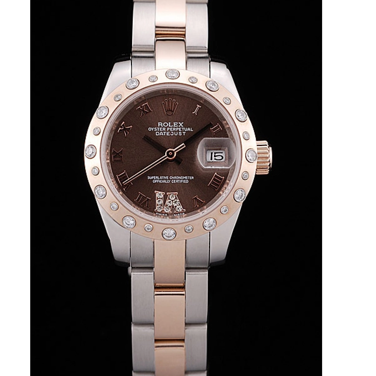 Aaa replica Diamond Stainless Rolex Case Steel Dial Brushed Plated DateJust Brown 0226