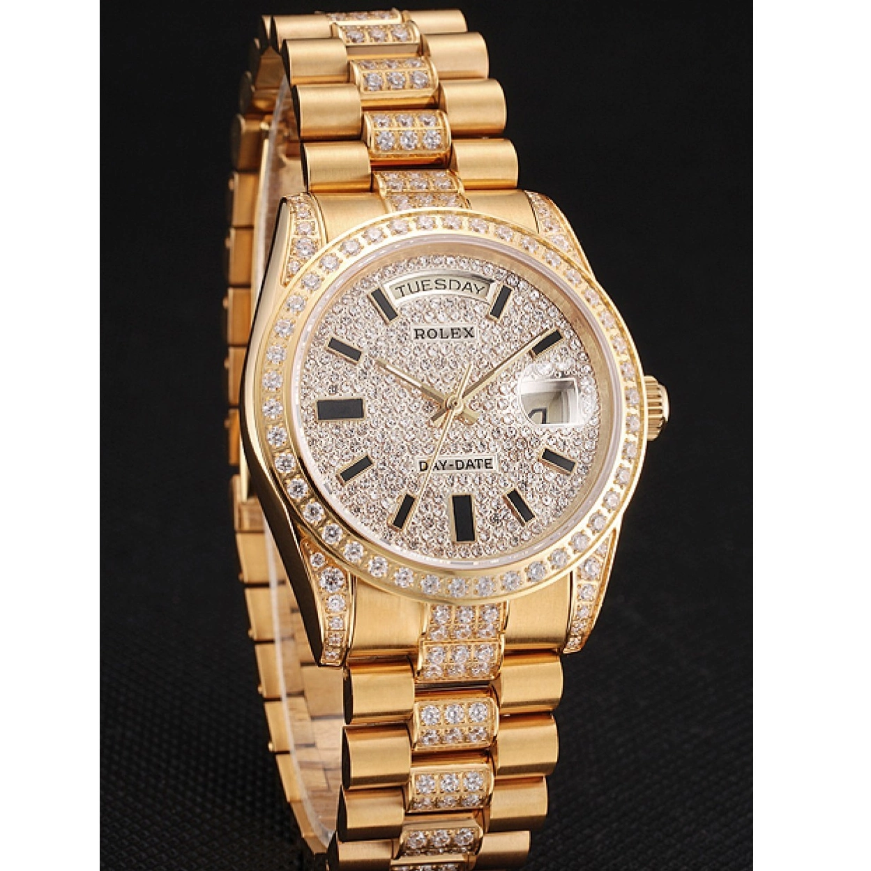 Aaa fake watches Pave Diamond Rolex Day Yellow Gold Swiss Date 0219