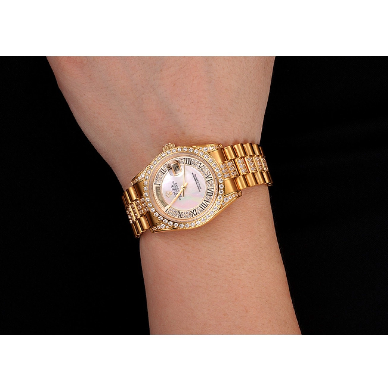 Aaa replica Diamond Rolex Day-Date Dial Diamond Bracelet Swiss White 1453958 Gold Pave 0218