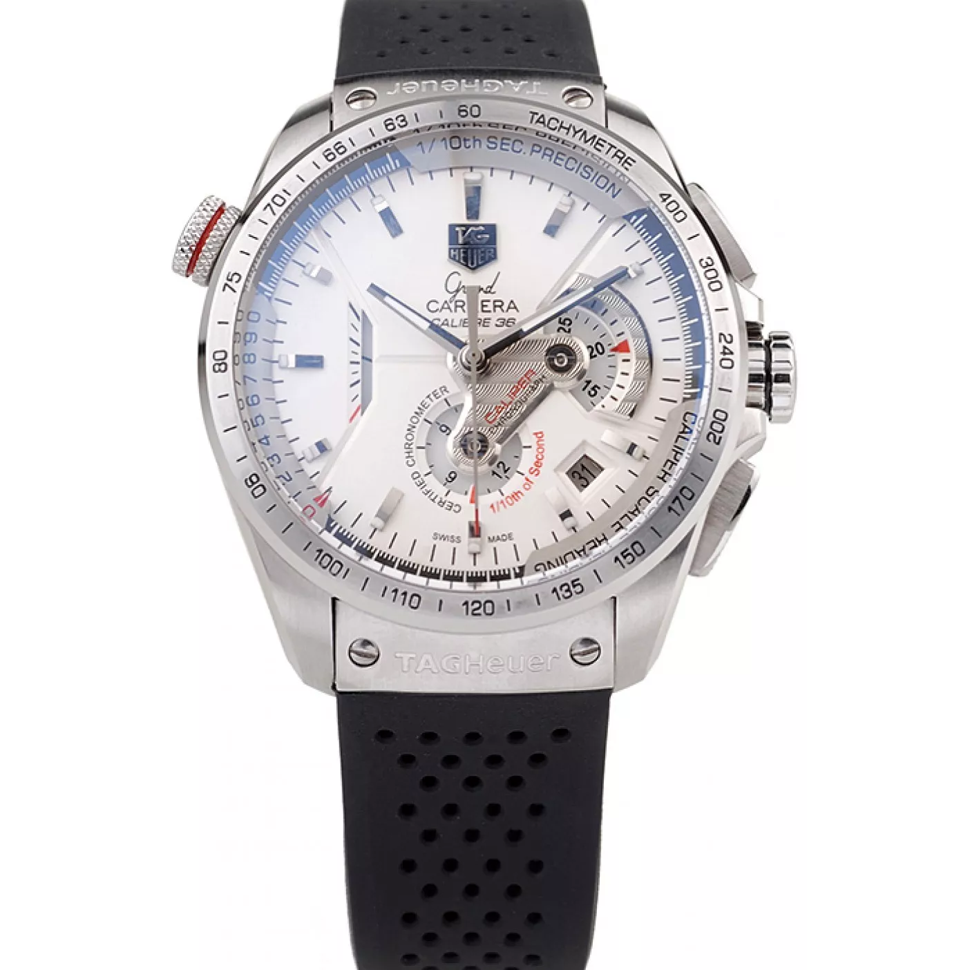 Aaa replica Tag Heuer Swiss Carrera Tachymeter Bezel Perforated Black Rubber Strap White Dial 0203