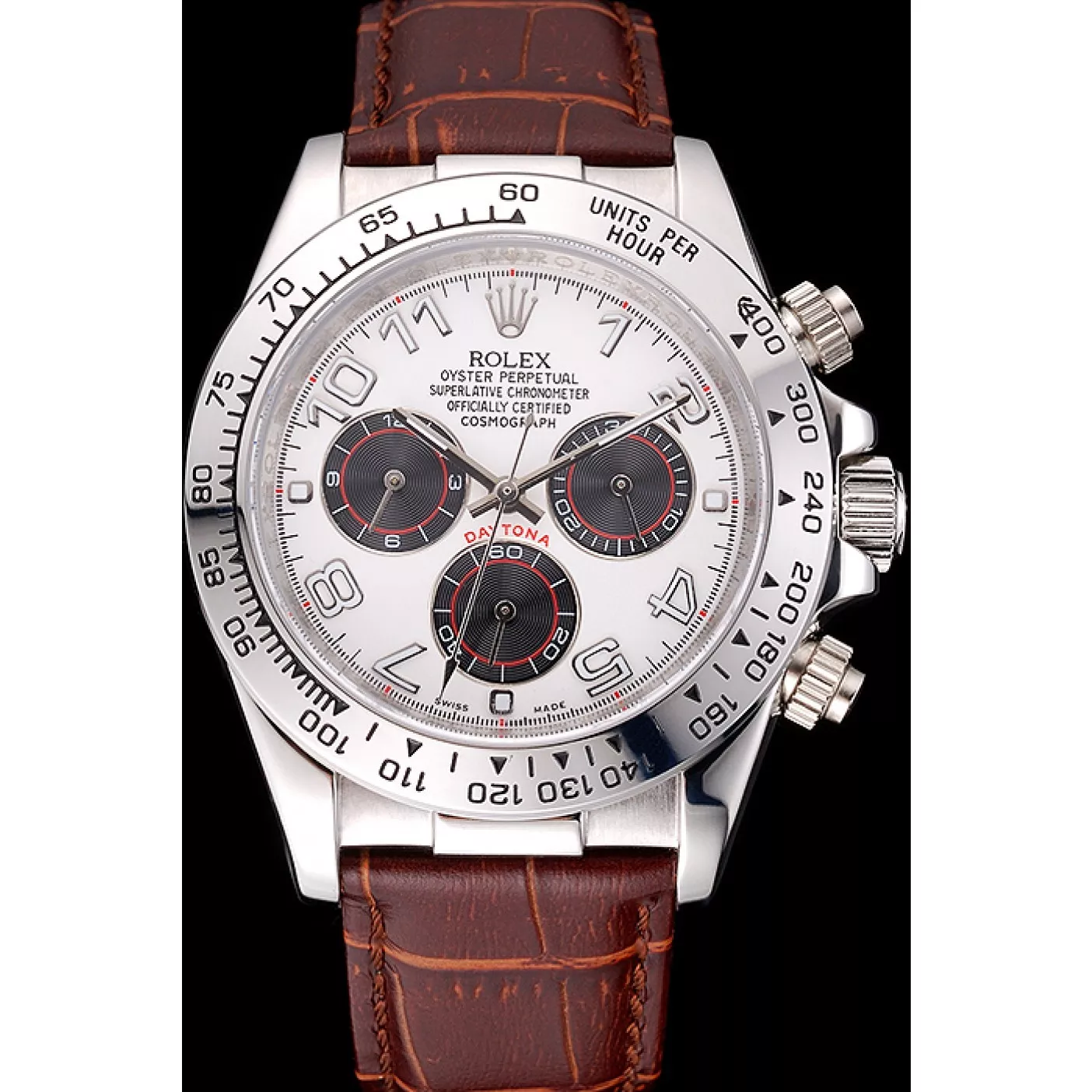 Aaa fake watches Rolex Daytona Stainless Steel Case White Dial Brown Leather Strap 0204