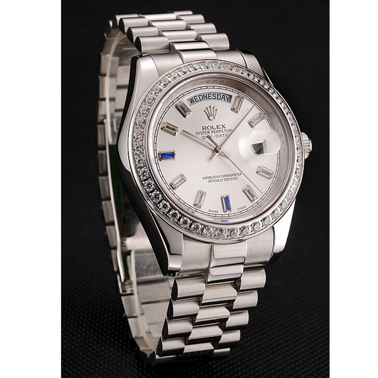 Aaa replica Staineless Rolex Bracelet 1454109 Swiss Steel Diamonds Day-Date Bezel 0209