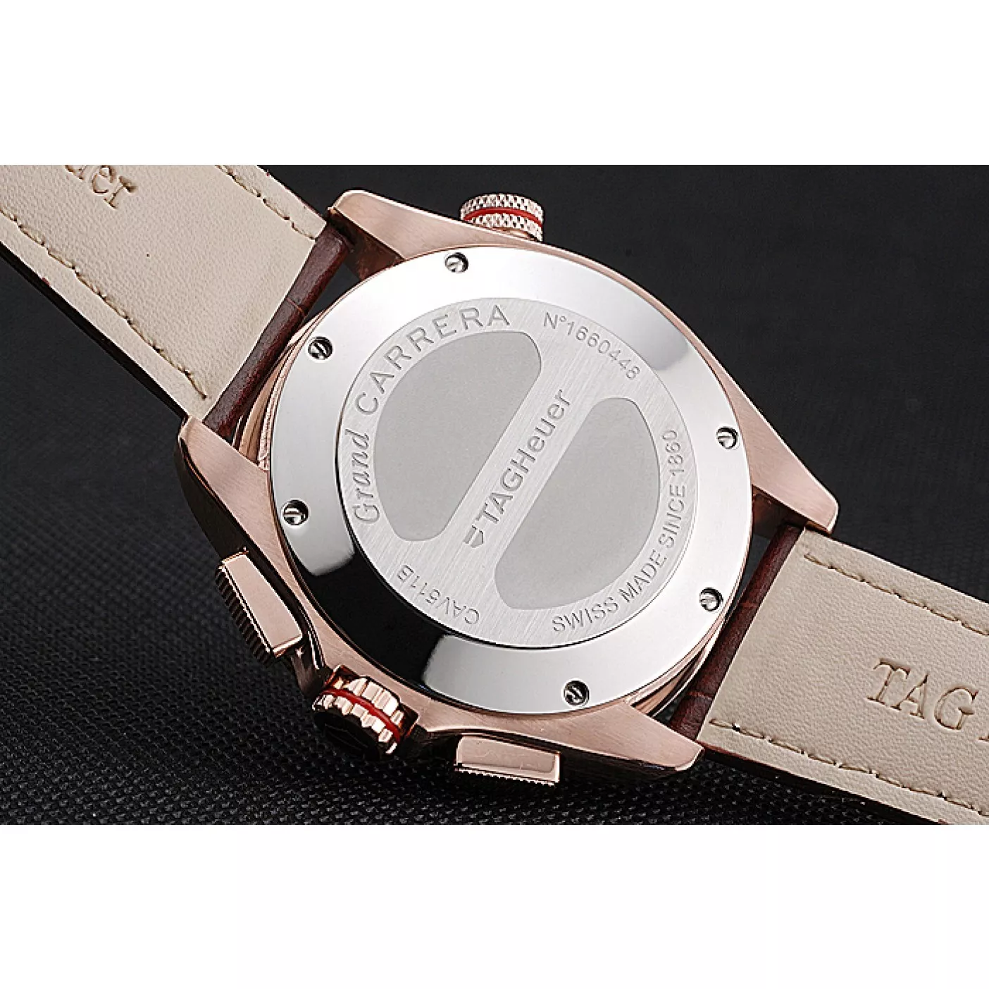 Aaa replica watch Tag Heuer Carrera Rose Gold Case White Dial Brown Leather Strap 98244 0203