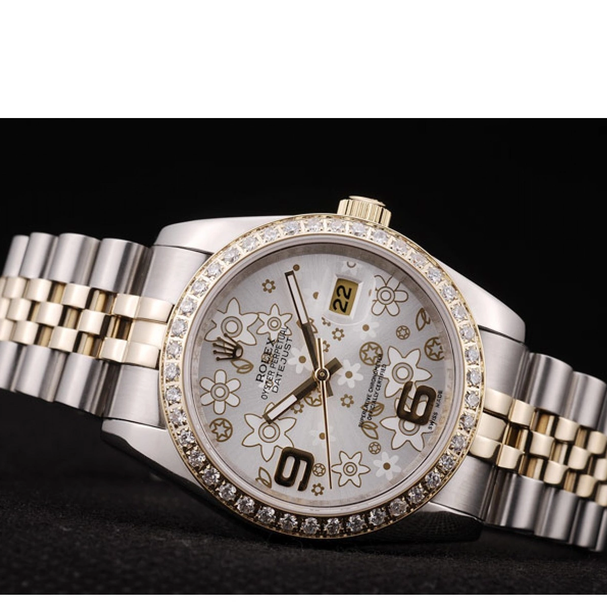 Aaa replica Stainless Brushed Case Silver Rolex DateJust Plated Flowers Diamonds Dial Steel 0208