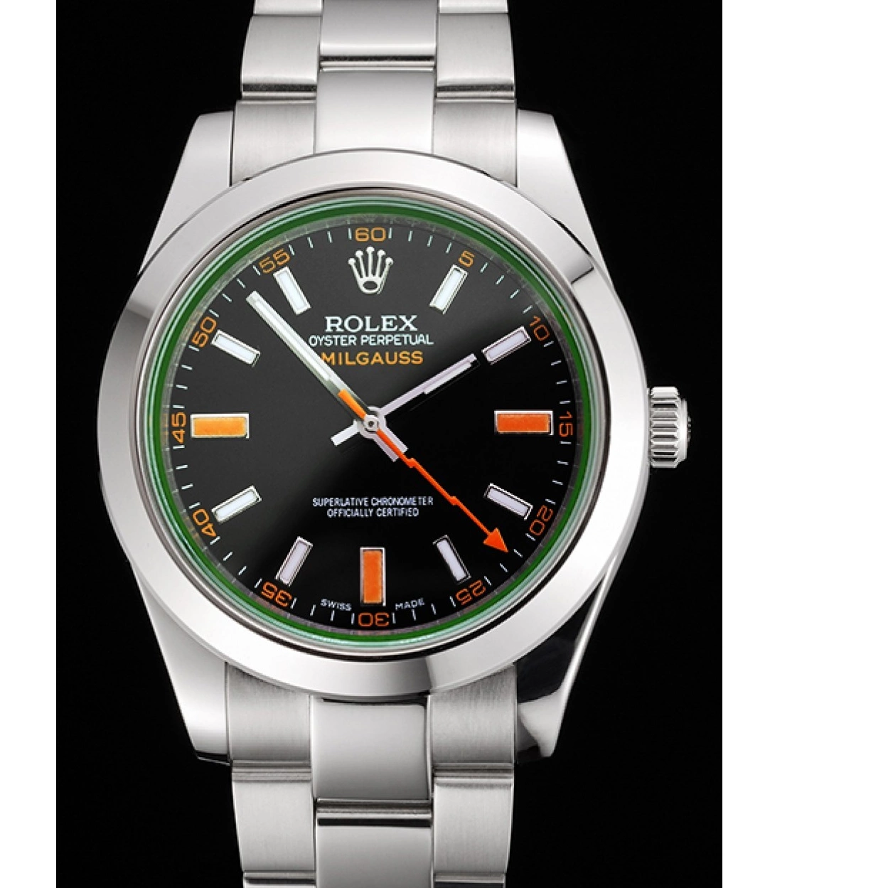 Aaa replica watch Orange And Rolex Bracelet Black Swiss Dial Steel Markings Milgauss Case Stainless 0222