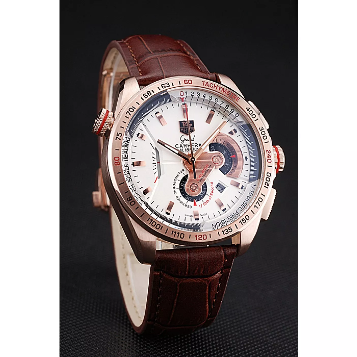 Aaa replica watch Tag Heuer Carrera Rose Gold Case White Dial Brown Leather Strap 98244 0203