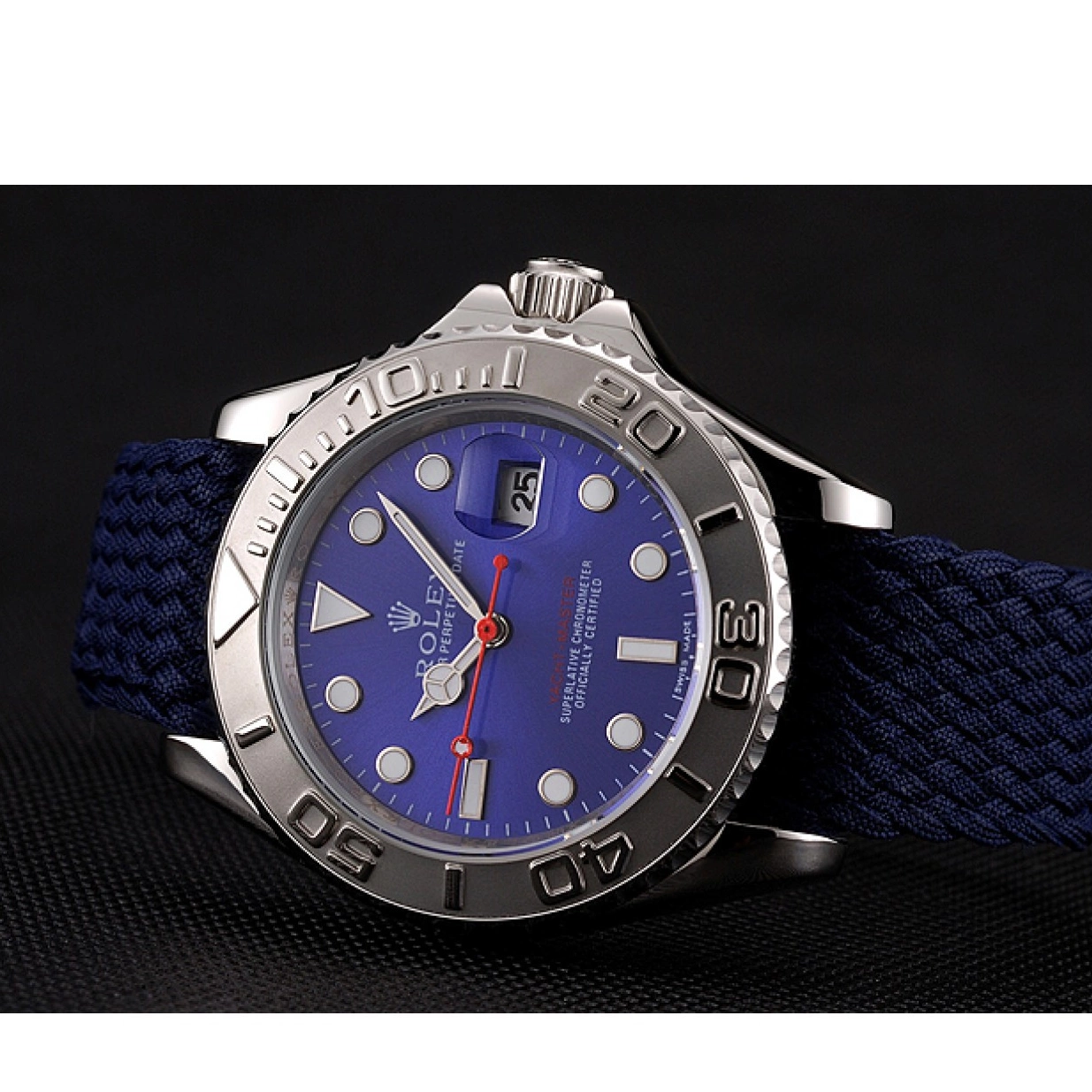 Aaa replica Master Rolex Dial 1453868 Blue Fabric Yacht Bracelet Blue 0214