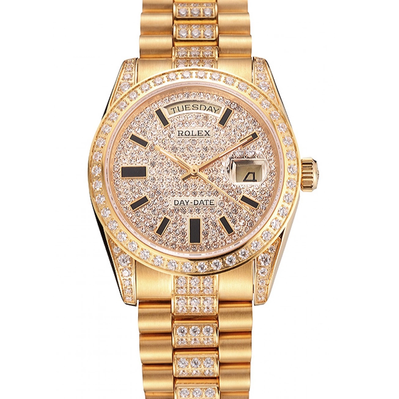 Aaa fake watches Pave Diamond Rolex Day Yellow Gold Swiss Date 0219