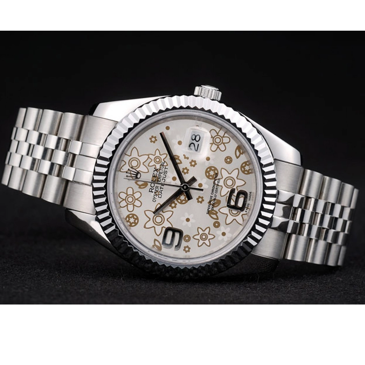 Aaa replica watch Flower DateJust Stainless Ribbed Steel Dial Silver Swiss 42001 Rolex Bezel 0226