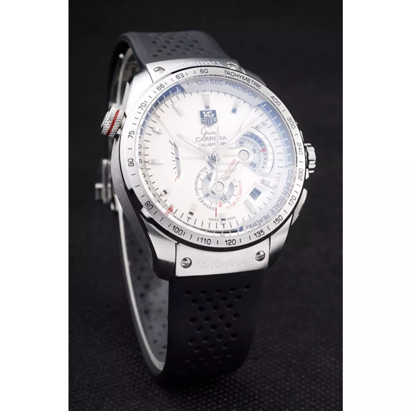 Aaa replica Tag Heuer Swiss Carrera Tachymeter Bezel Perforated Black Rubber Strap White Dial 0203