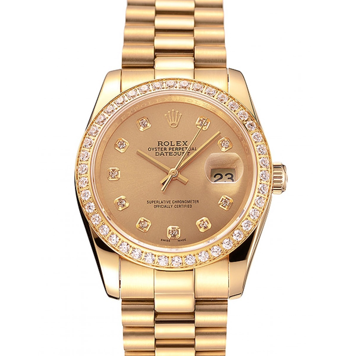 Aaa replica Swiss Gold 1454097 Datejust Champagne Bezel Dial Rolex Diamond Bracelet 0218