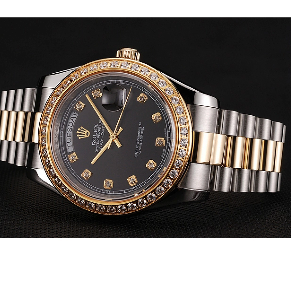 Aaa replica watch Tone 1453975 Two Dial Bracelet Gold Swiss Steel Stainless Rolex Black Diamond Day-Date Case 0218