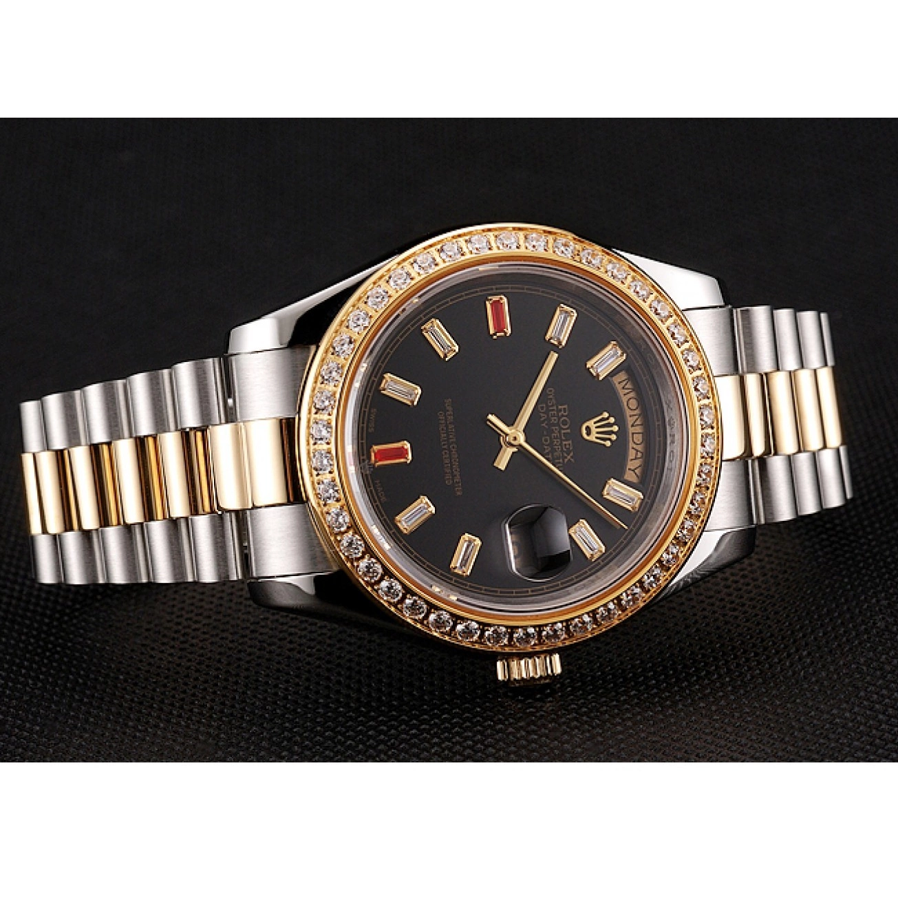 Aaa replica 1454105 Two Black Diamonds Rubies And Swiss Dial Day-Date Rolex Tone Bracelet 0221