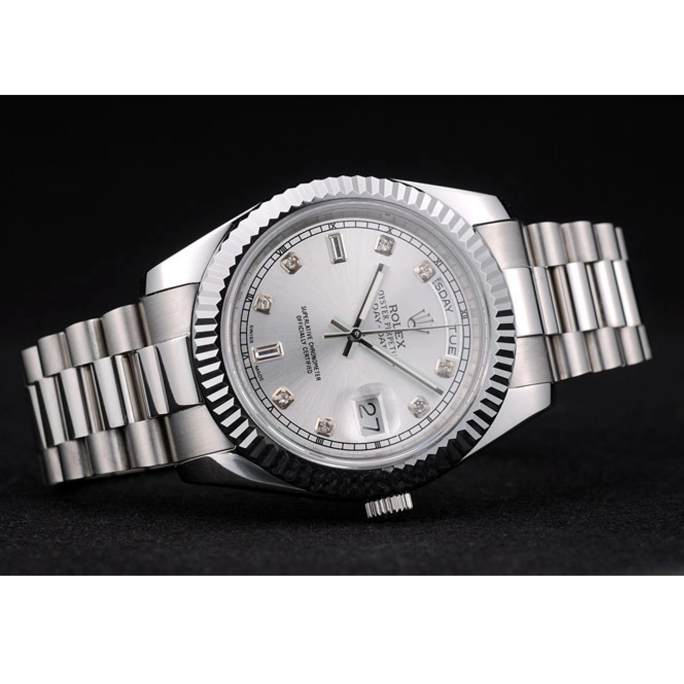 Aaa replica DayDate Silver Dial 41976 Ribbed Steel Stainless Bezel Rolex 0225