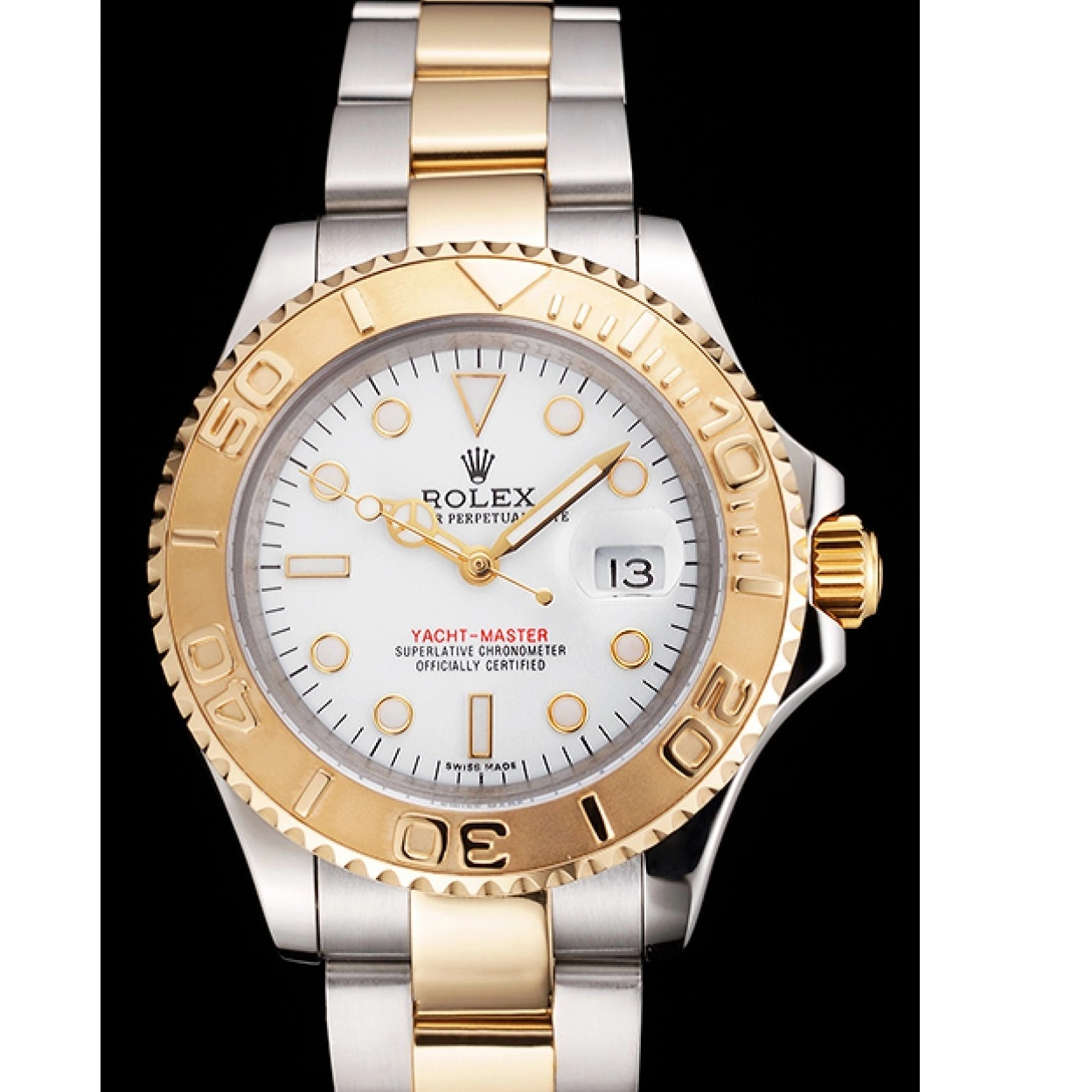 Aaa replica Bracelet Swiss Rolex Bezel Gold Tone White Case Dial Stainless Two Yacht-Master Steel 0215