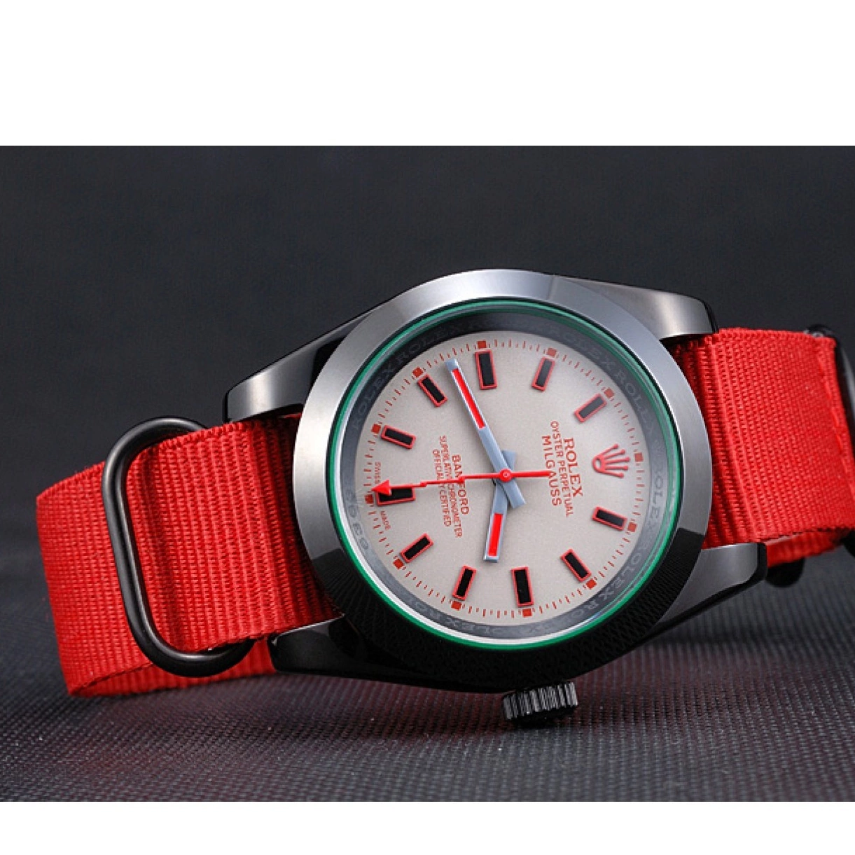 Aaa fake watches Rolex Milgauss Nylon Bamford 622002 Red Strap 0218