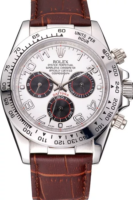 Aaa fake watches Rolex Daytona Stainless Steel Case White Dial Brown Leather Strap 0204