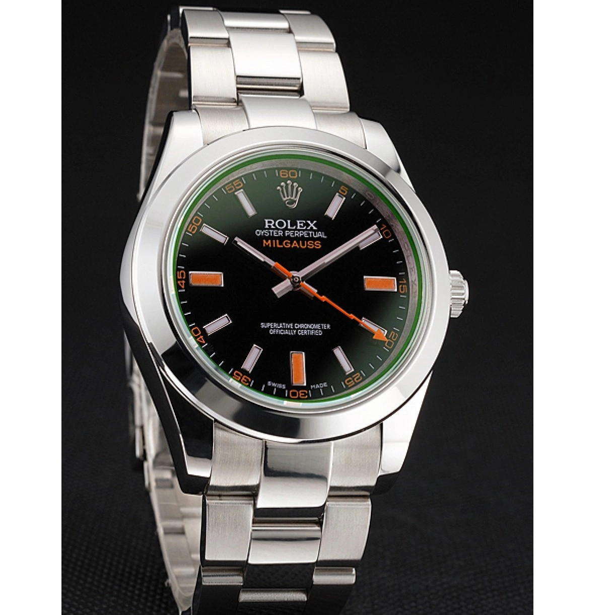 Aaa replica watch Orange And Rolex Bracelet Black Swiss Dial Steel Markings Milgauss Case Stainless 0222