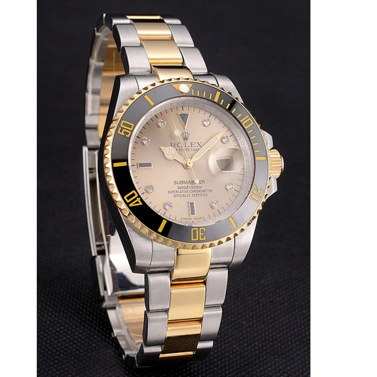 Aaa fake watches Submariner Two Steel Gold Dial Tone Rolex Swiss Markings Bracelet Diamond Black Bezel Gold 0225