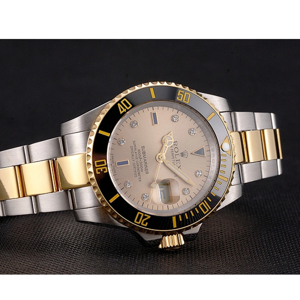 Aaa fake watches Gold Gold Two Black Bezel Bracelet Swiss Dial Markings Diamond Rolex Tone Steel Submariner 0225