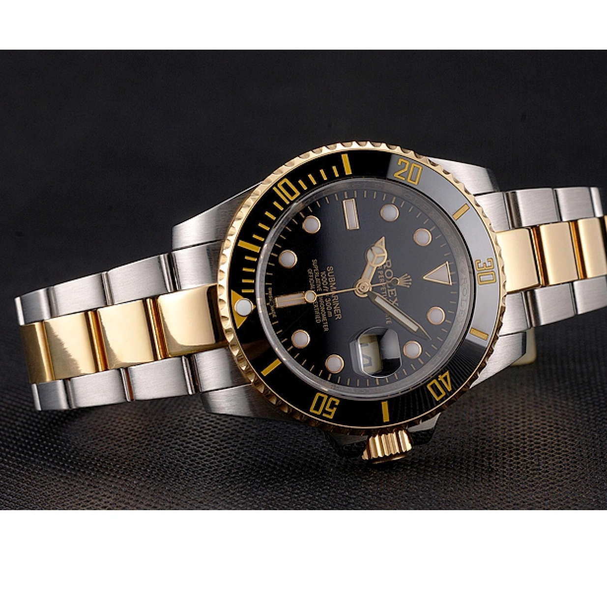 Aaa fake watches And Bracelet Swiss Submariner Gold Dial Steel Tone Rolex Bezel Black Two 0222