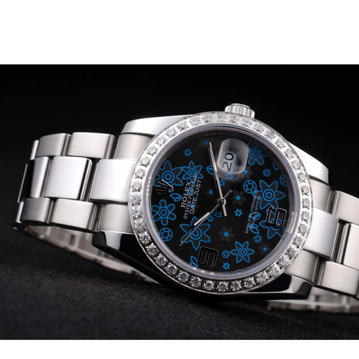 Aaa replica Datejust Blue Diamond Steel Polished Stainless Flowers Dark Rolex Plated Dial 0210