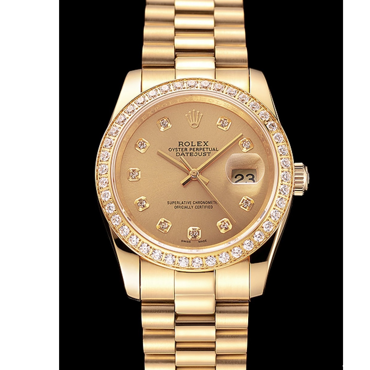 Aaa replica Swiss Gold 1454097 Datejust Champagne Bezel Dial Rolex Diamond Bracelet 0218