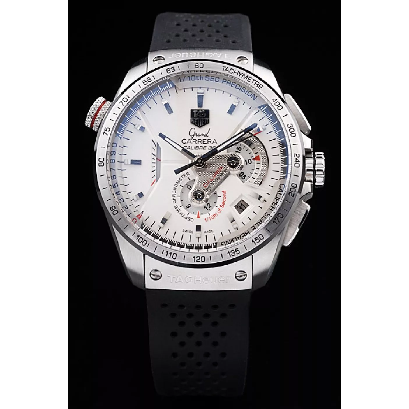 Aaa replica Tag Heuer Swiss Carrera Tachymeter Bezel Perforated Black Rubber Strap White Dial 0203