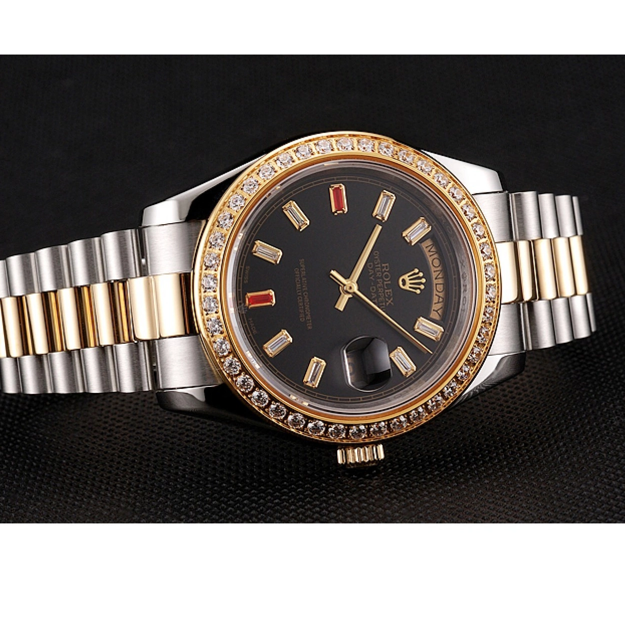 Aaa replica And Swiss Tone Black Rubies Two Bracelet Diamonds Dial Rolex 1454105 Day-Date 0224