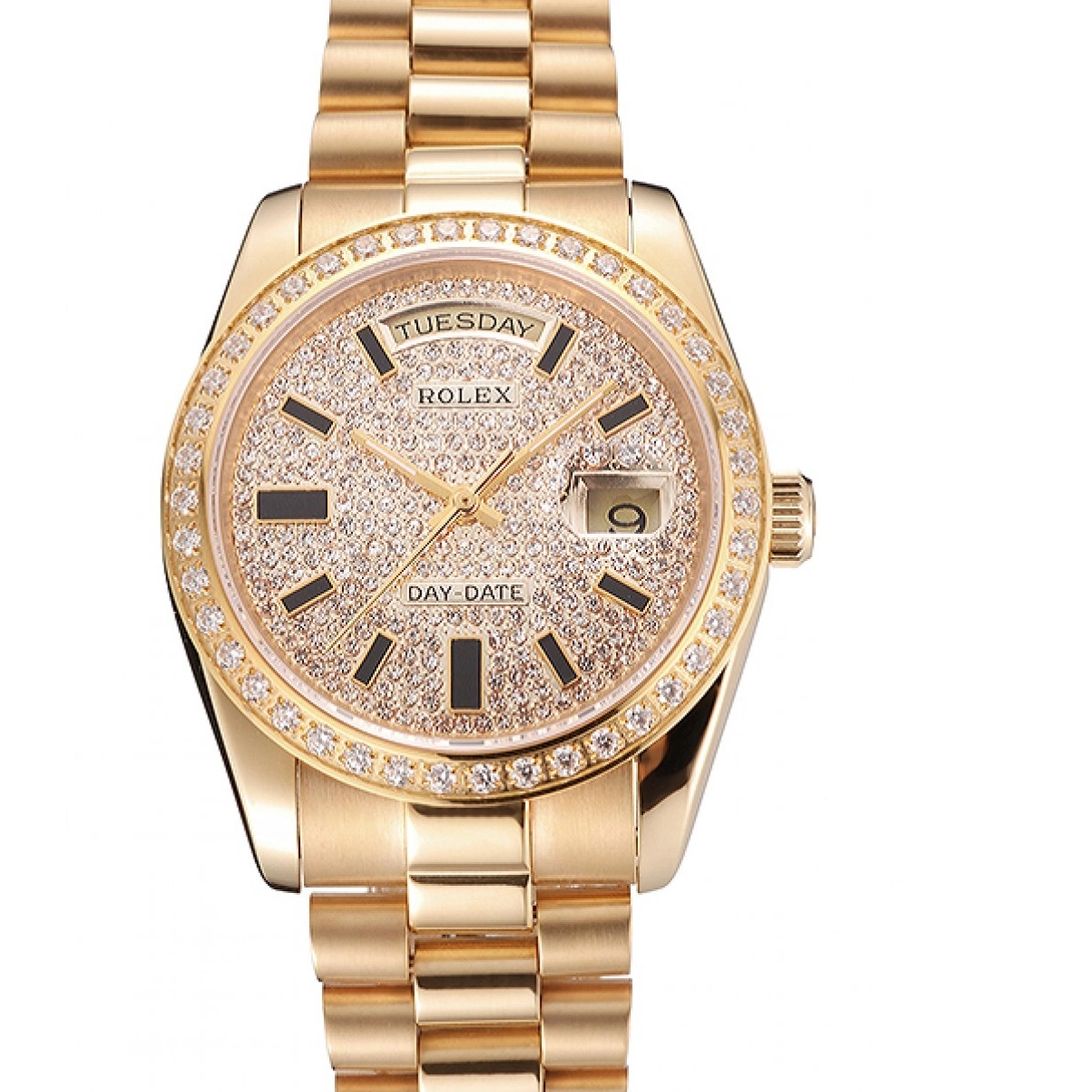 Aaa replica Gold Bracelet Date Dial Bezel Pave Day Diamond And Rolex Swiss Case And 0225