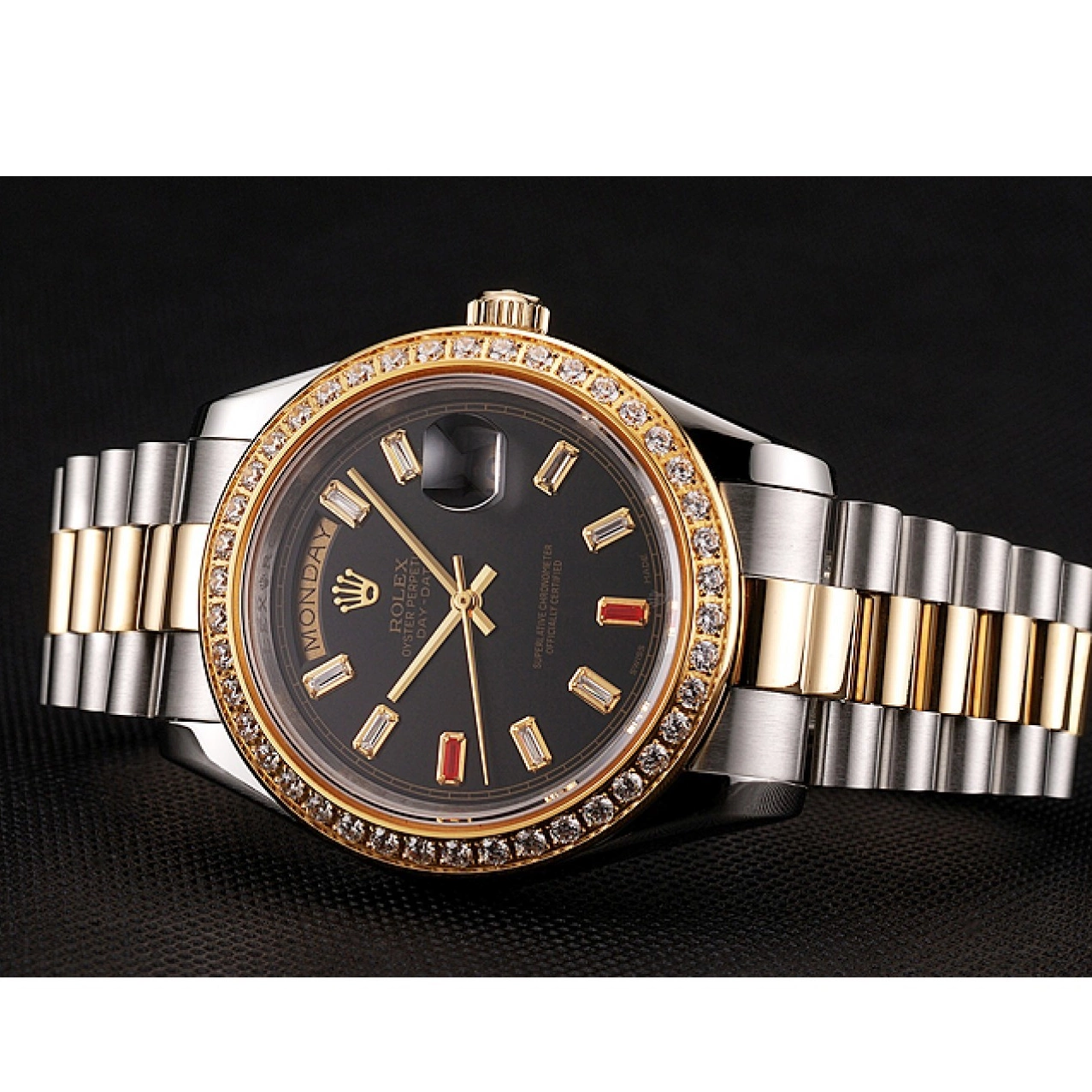 Aaa replica 1454105 Two Black Diamonds Rubies And Swiss Dial Day-Date Rolex Tone Bracelet 0221