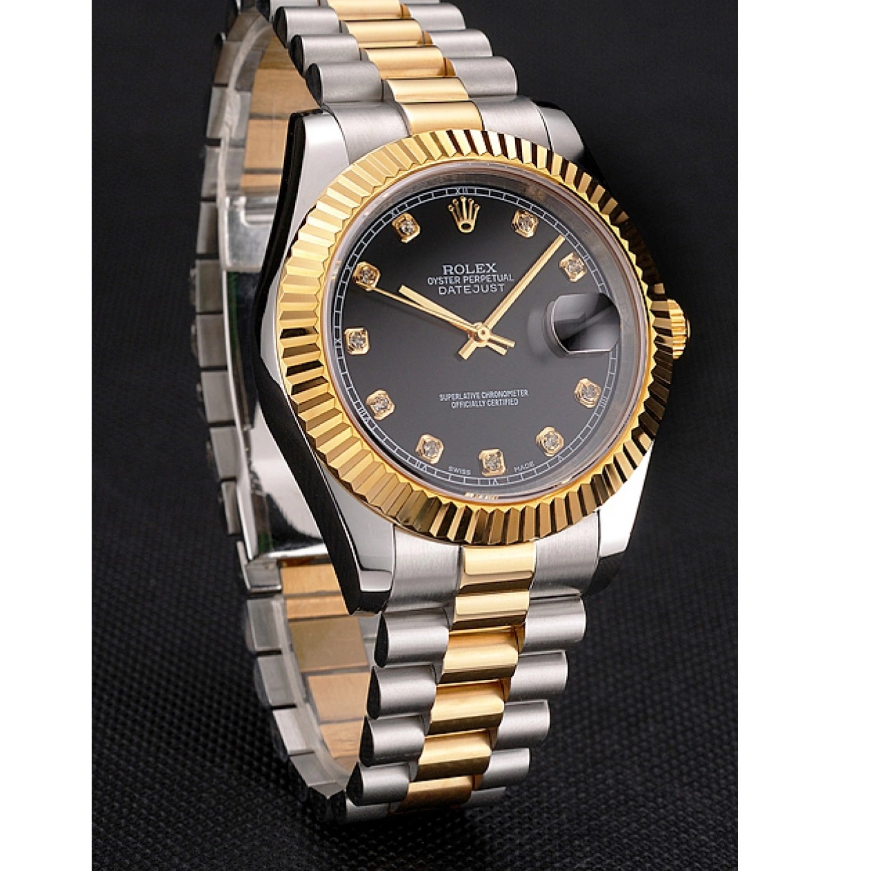 Aaa replica Black Swiss Bezel Bracelet Case Rolex Stainless Dial Gold Two Datejust Steel Tone 0219