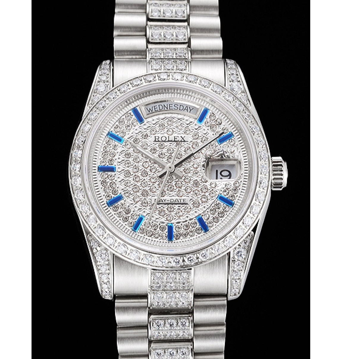 Aaa replica watch Stainless Day Dial And And Swiss Bezel Date Bracelet Steel Diamond Rolex Pave 0223