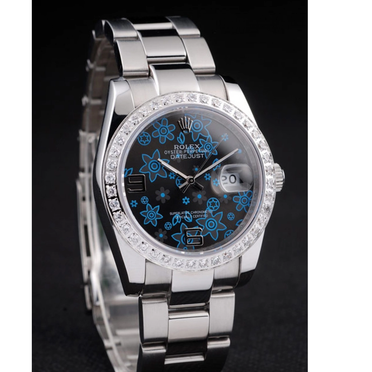 Aaa replica Datejust Blue Diamond Steel Polished Stainless Flowers Dark Rolex Plated Dial 0210