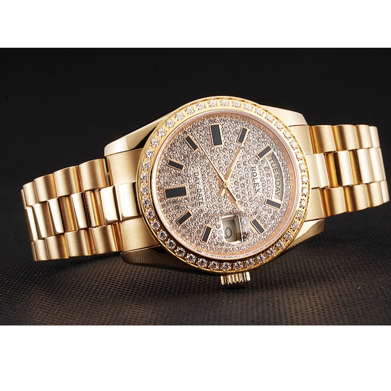 Aaa replica Gold Bracelet Date Dial Bezel Pave Day Diamond And Rolex Swiss Case And 0225