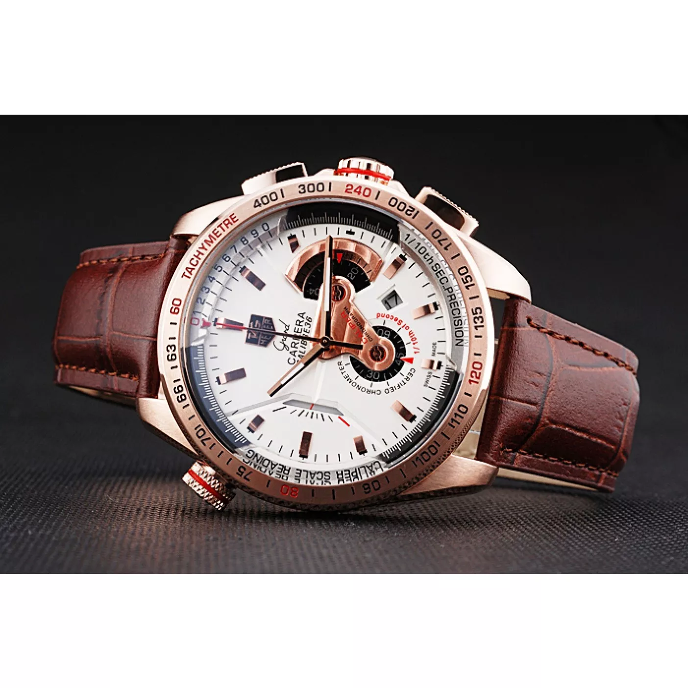 Aaa replica watch Tag Heuer Carrera Rose Gold Case White Dial Brown Leather Strap 98244 0203