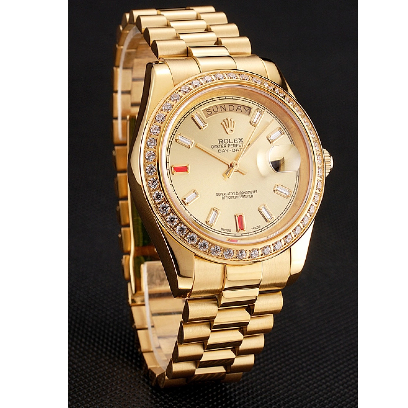 Aaa fake watches Rolex Champagne Dial Gold Swiss And Day-Date Bracelet Rubies Diamonds 1454100 0214