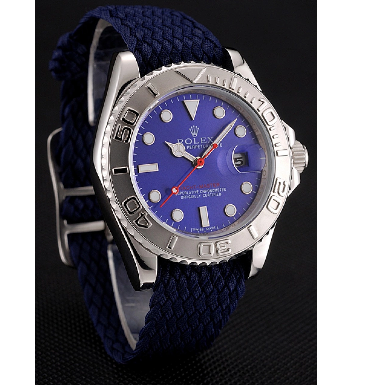 Aaa replica Master Rolex Dial 1453868 Blue Fabric Yacht Bracelet Blue 0214