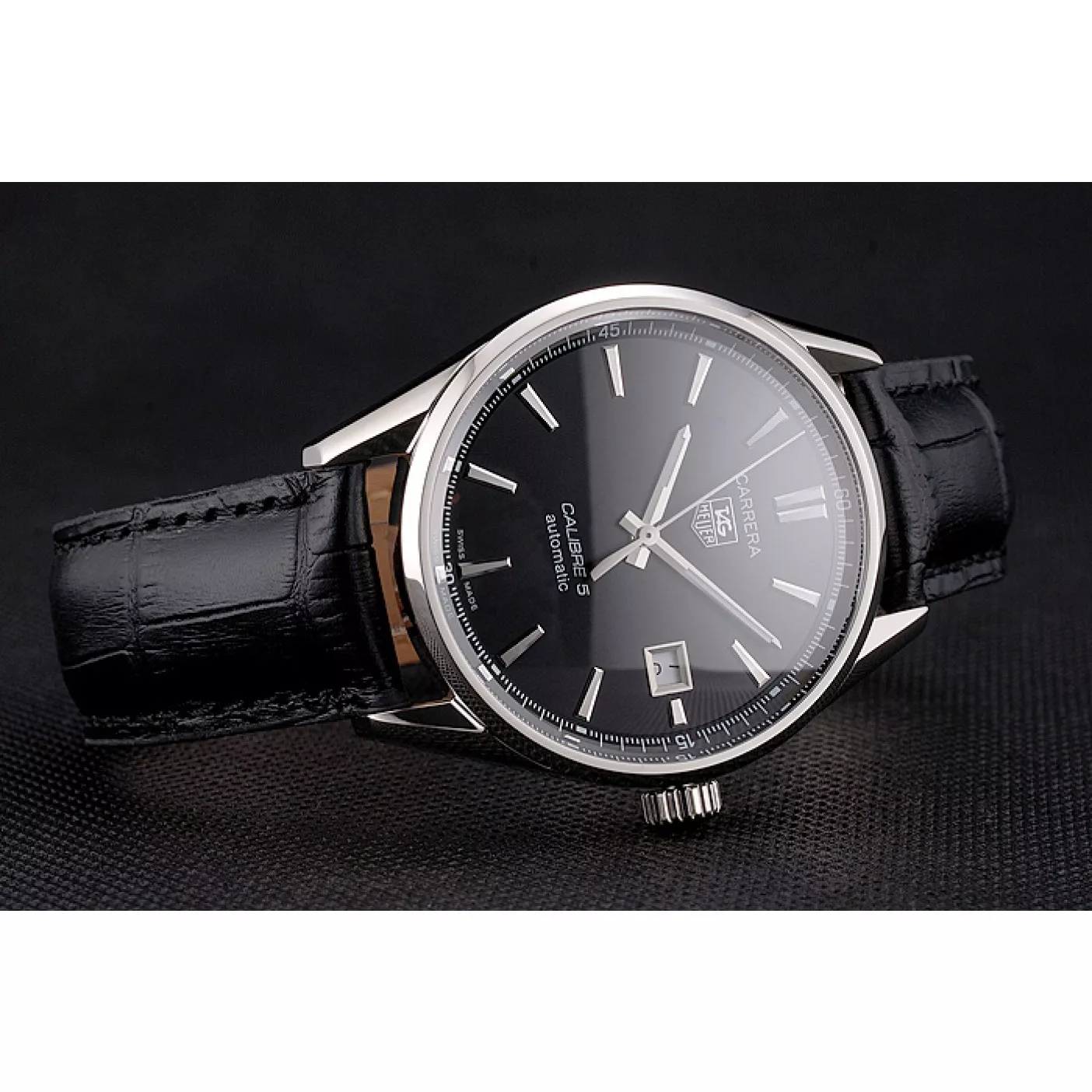 Aaa replica watch Swiss Tag Heuer Carrera Calibre 5 Black Dial Stainless Steel Case Black Leather Strap 0203