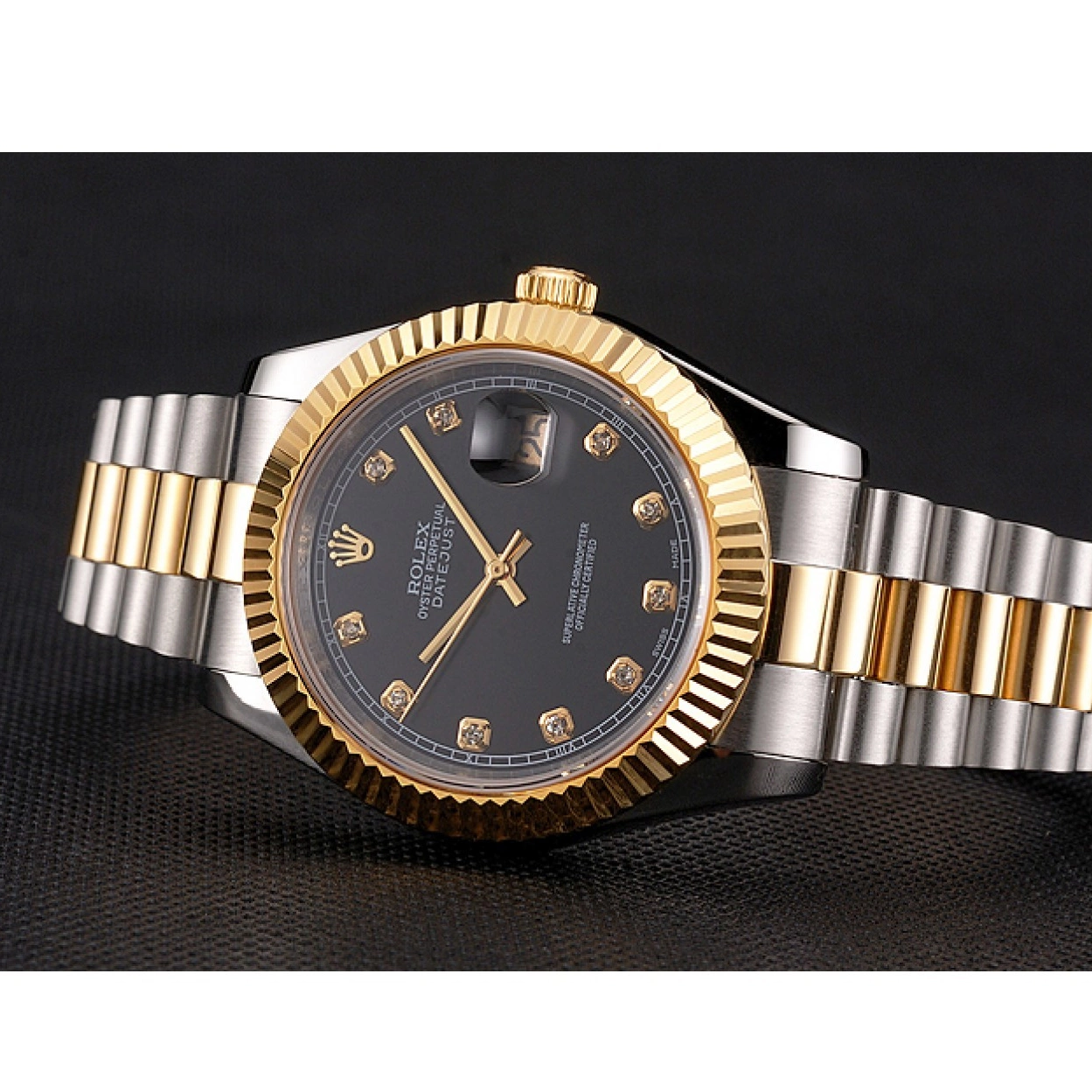 Aaa replica Black Swiss Bezel Bracelet Case Rolex Stainless Dial Gold Two Datejust Steel Tone 0219