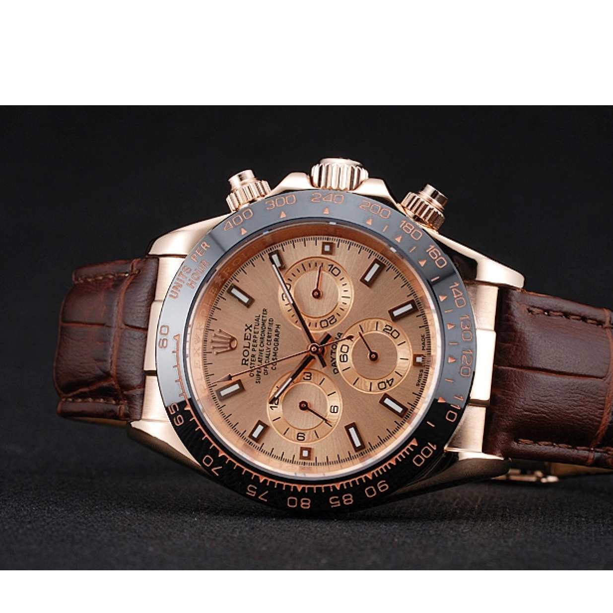 Aaa replica watch Cosmograph Brown 1454243 Bracelet Brown Case Rolex Dial Gold Rose Leather Daytona 0210