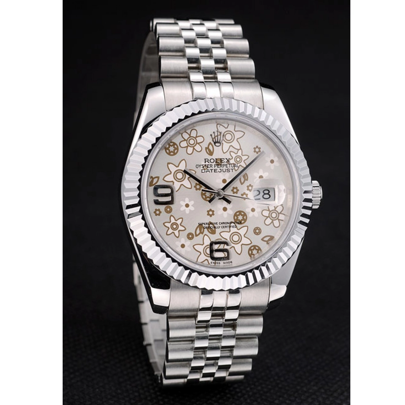 Aaa replica watch Flower DateJust Stainless Ribbed Steel Dial Silver Swiss 42001 Rolex Bezel 0226