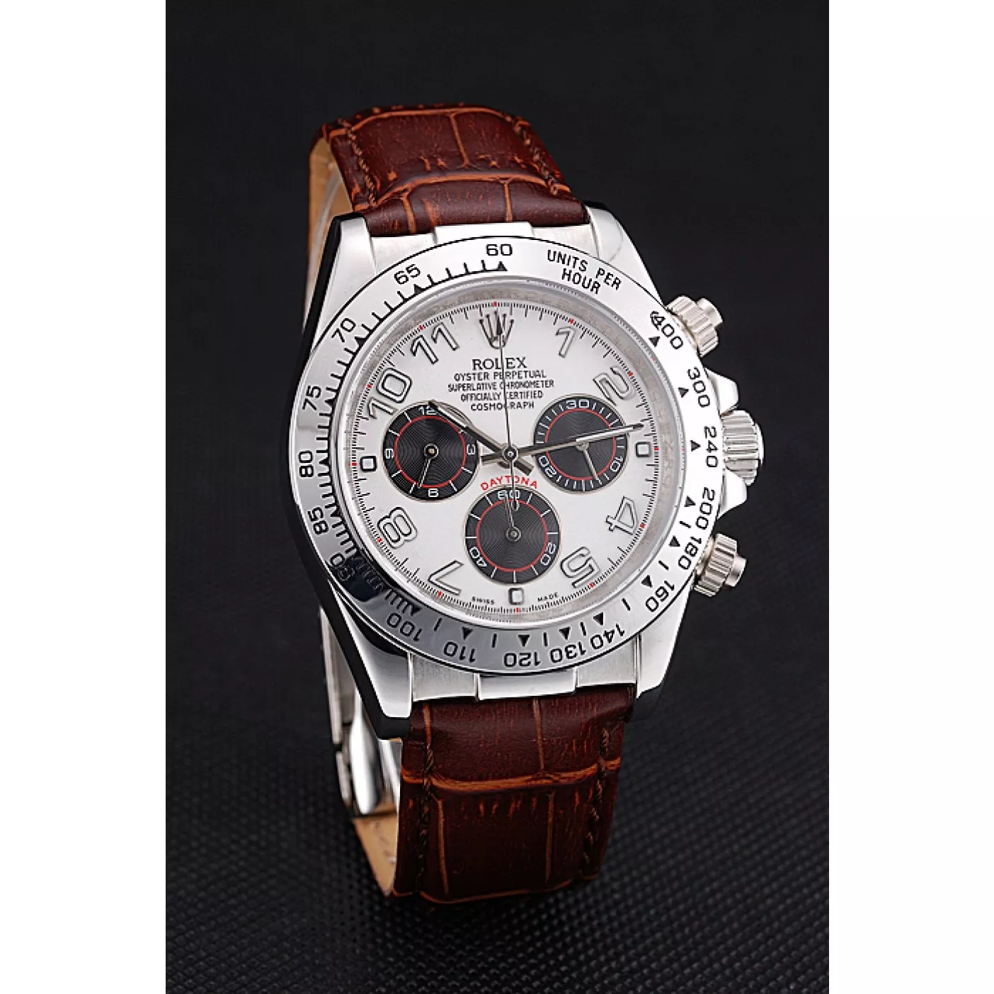 Aaa fake watches Rolex Daytona Stainless Steel Case White Dial Brown Leather Strap 0204