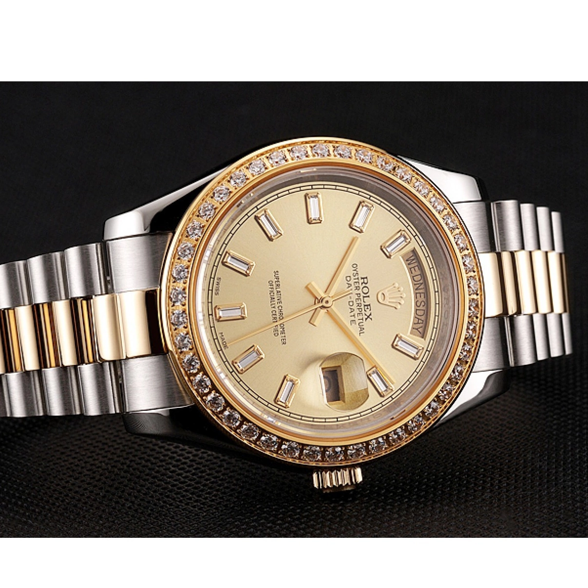 Aaa replica Day-Date Dial 1454103 Swiss Two Bracelet Rolex Bezel Tone Champagne Diamond 0219