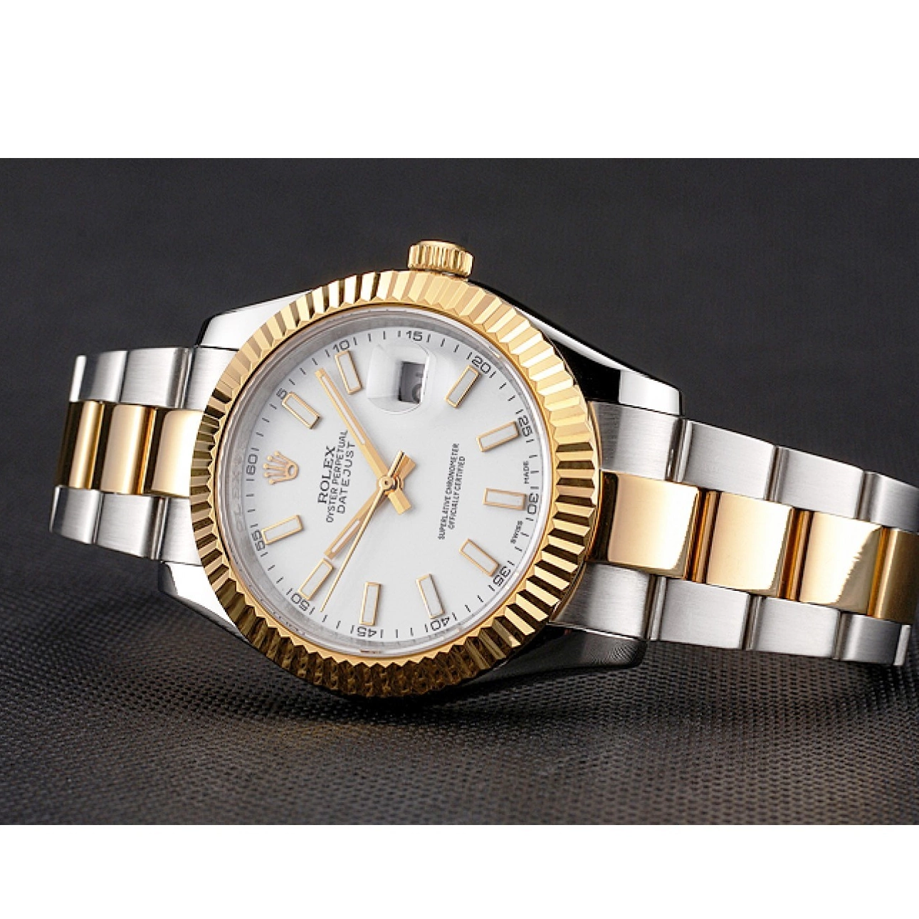 Aaa replica Swiss White Dial Bracelet Case Datejust Stainless Steel Tone Rolex Two Gold 0210