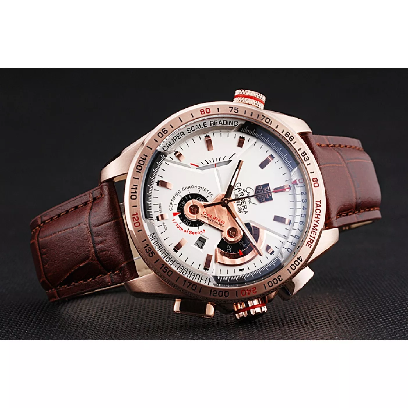 Aaa replica watch Tag Heuer Carrera Rose Gold Case White Dial Brown Leather Strap 98244 0203