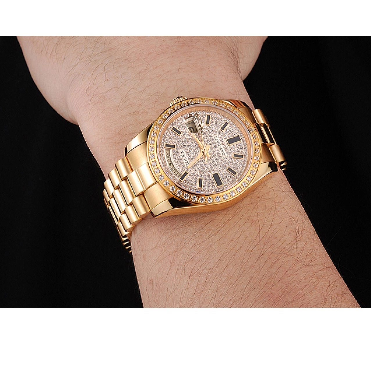 Aaa replica Gold Bracelet Date Dial Bezel Pave Day Diamond And Rolex Swiss Case And 0225